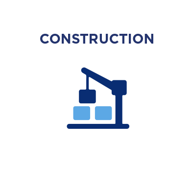 Blue silhouette of a construction crane moving a cargo box around. Construction icon.