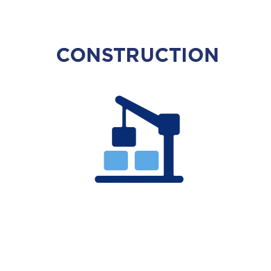 Blue silhouette of a construction crane moving a cargo box around. Construction icon.